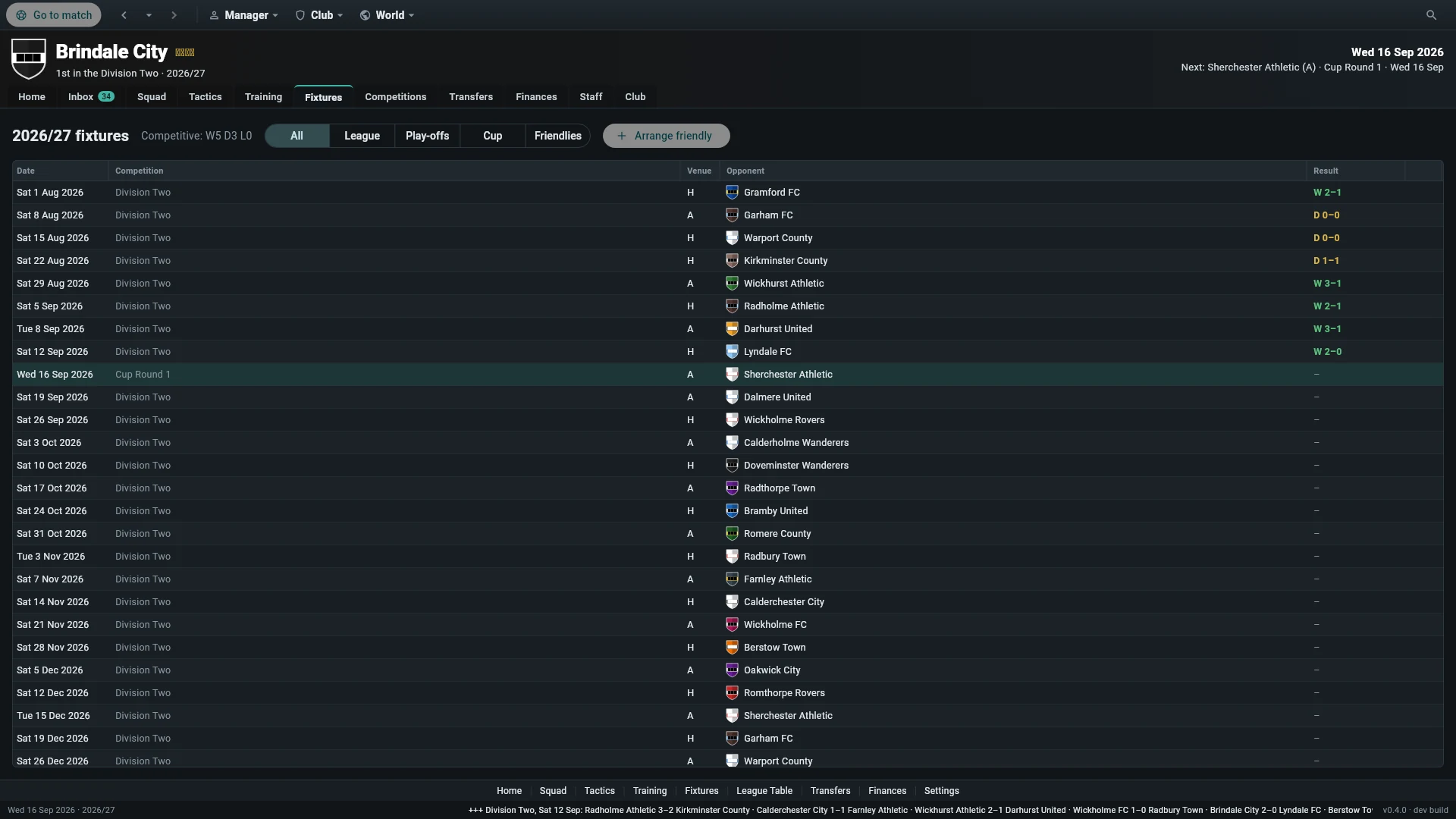The season fixtures list showing dates, competitions, home and away venues, opponents and results.