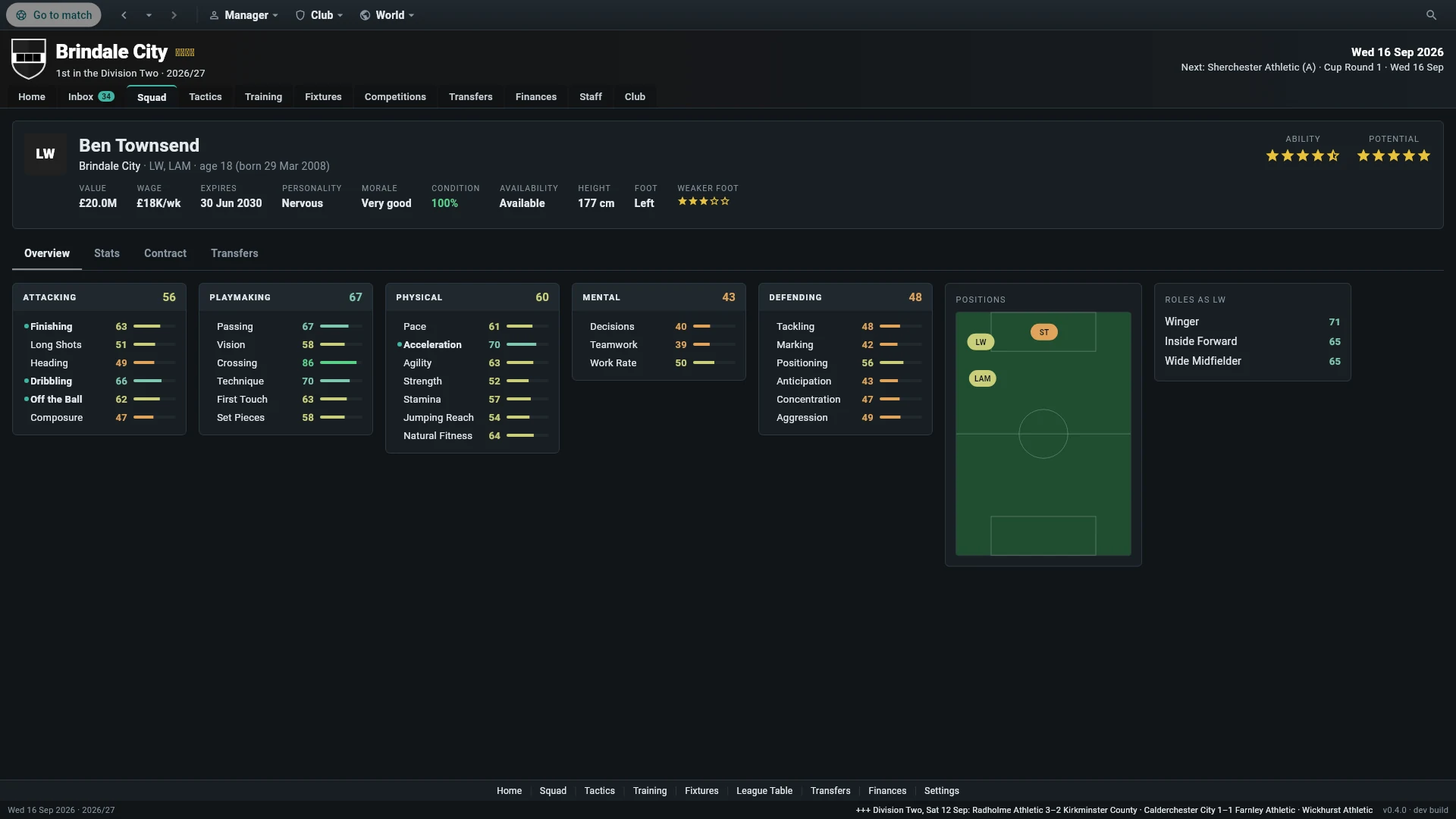 A player profile with attacking, playmaking, physical, mental and defending attributes and the positions he can play.