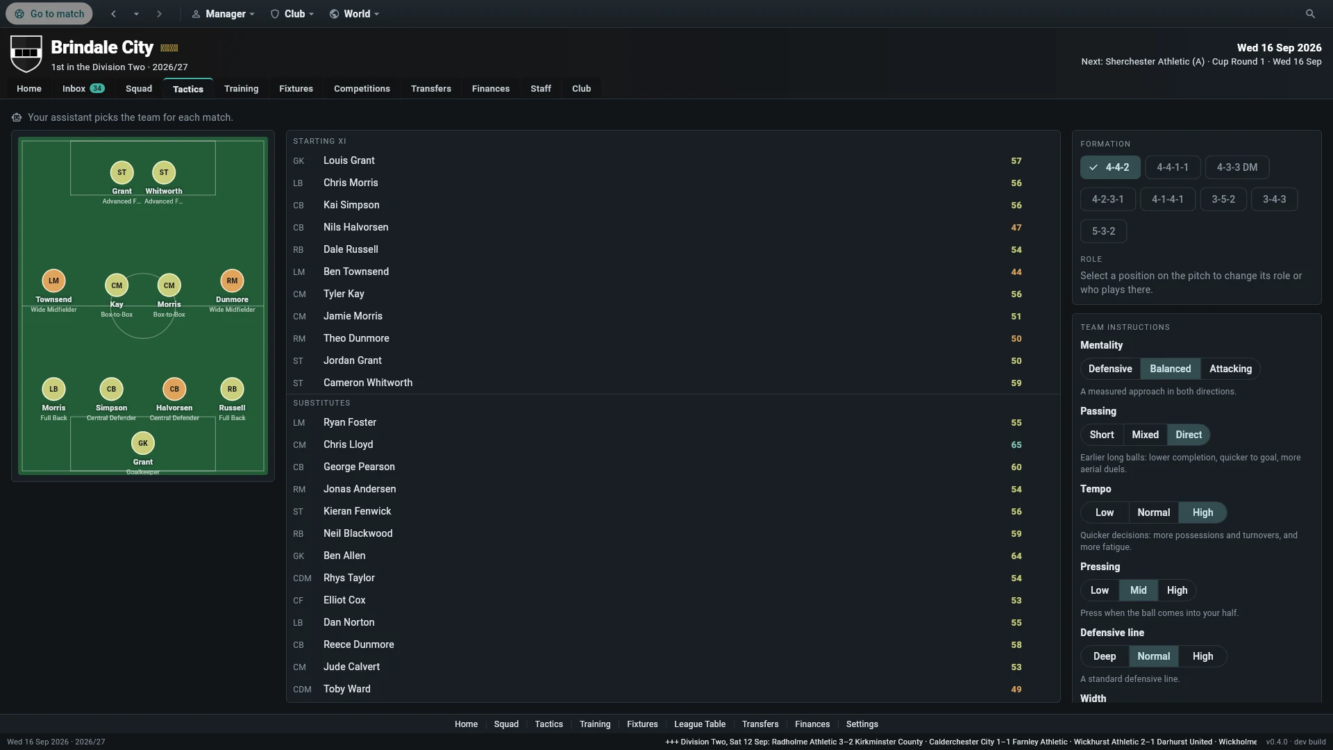 The tactics screen: a 4-4-2 formation on a pitch, the starting XI and substitutes, and team instruction controls.