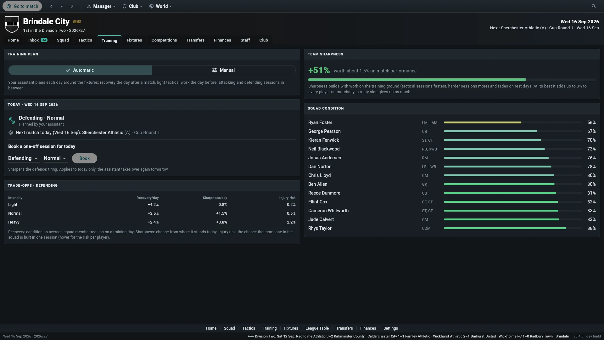 The training screen with an automatic training plan, team sharpness and squad condition bars.